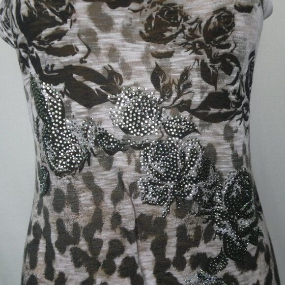 Cache Cheetah Print Floral Beaded Tank Top Scoop Neck Animal Sparkly Rhinestones - Picture 3 of 8